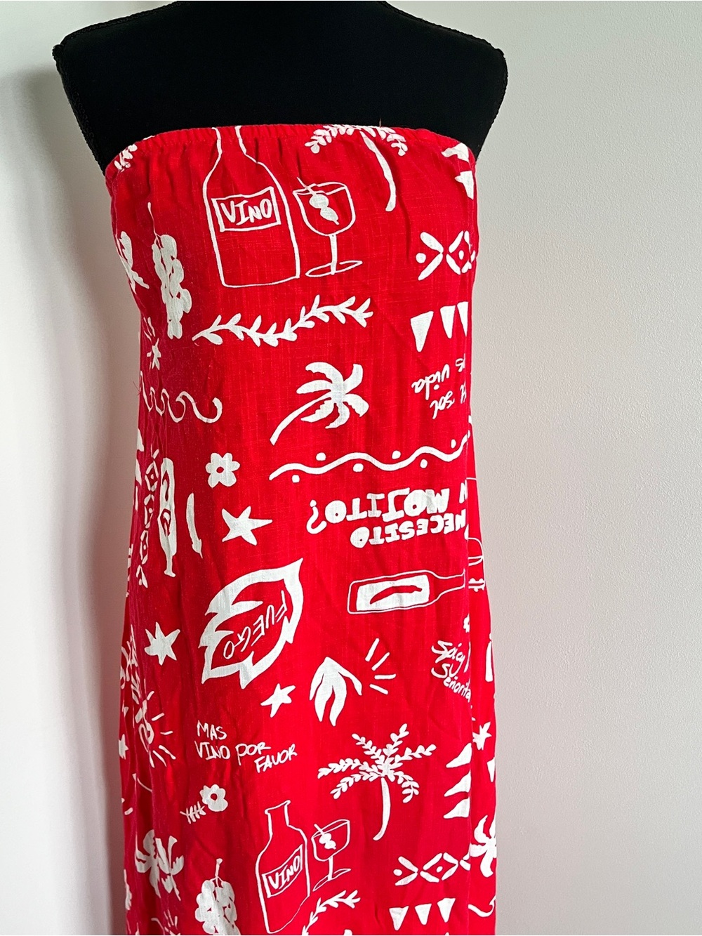 Paper Heart Strapless Red Tropical Wine Print Maxi Dress Sz L Resortwear Linen - Picture 3 of 8